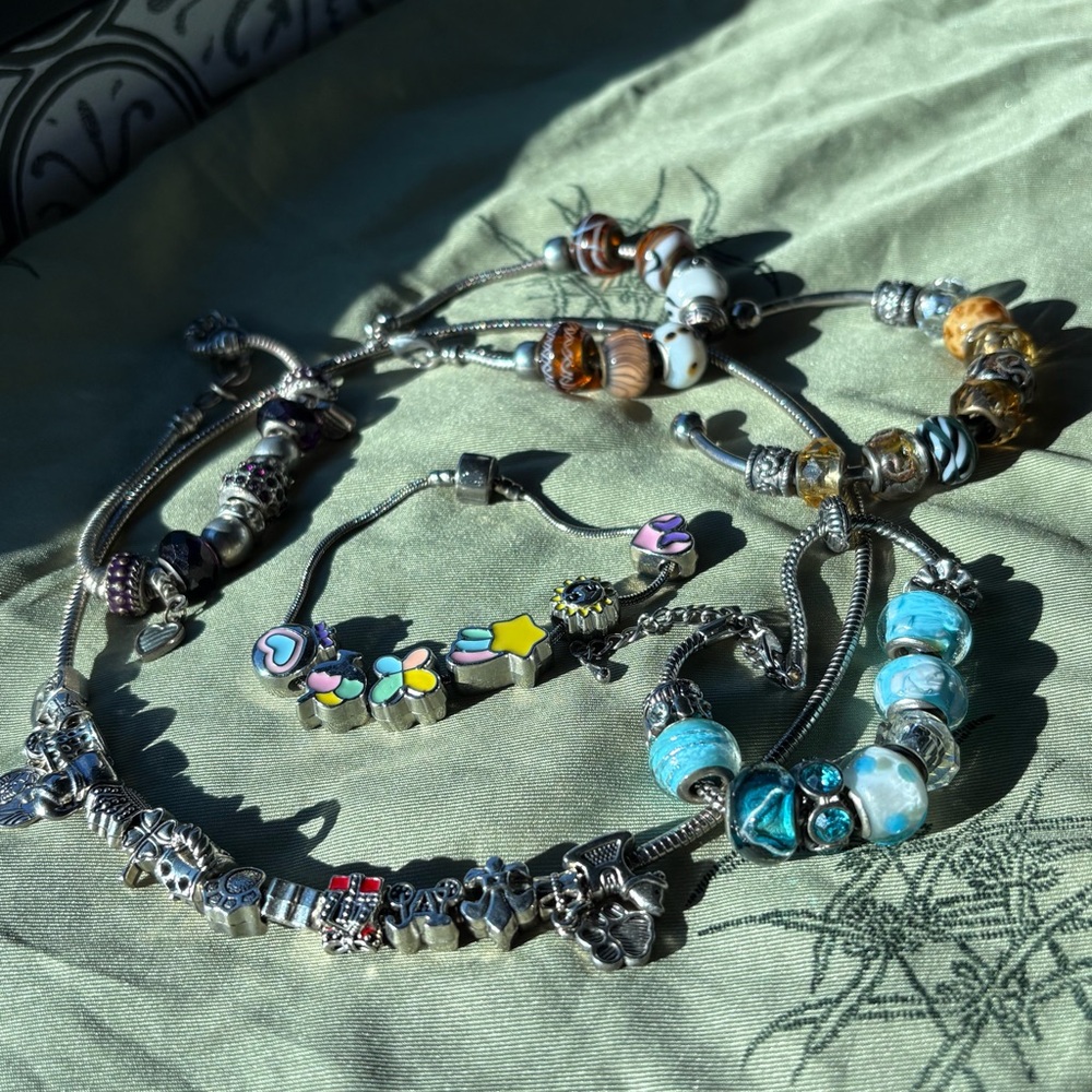 Pandora style jewelry bundle lot of silver charm bracelets Murano glass beads